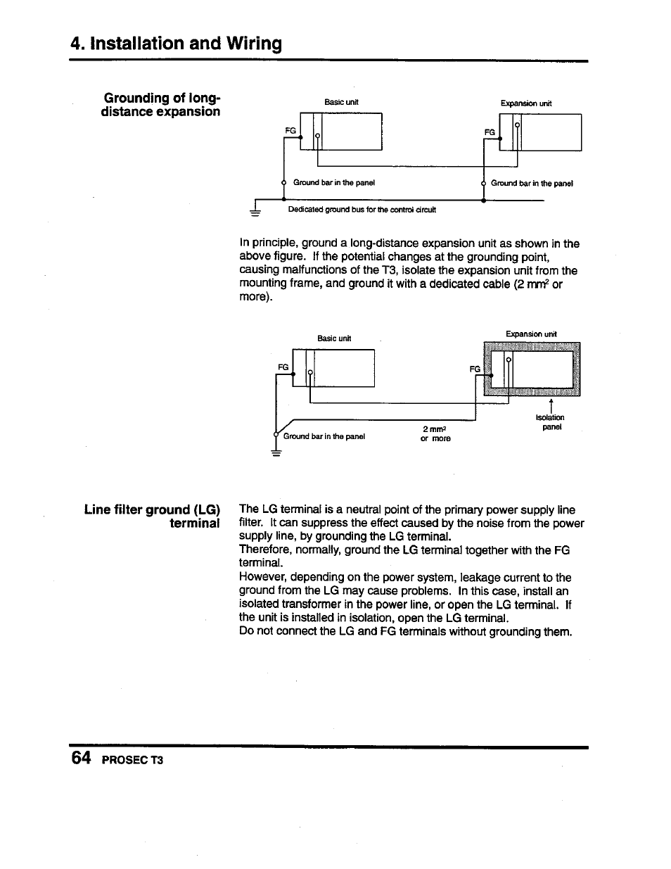 Grounding of longdistance expansion, Installation and wiring | Toshiba Programmable Controller PROSEC T3 User Manual | Page 72 / 100