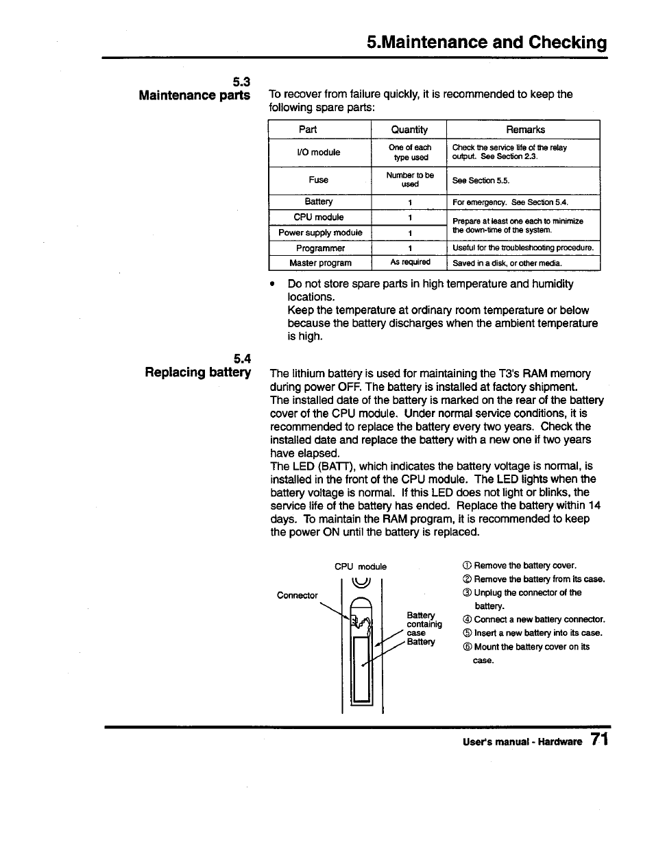 Maintenance parts, 3 maintenance parts, S.maintenance and checking | 3 maintenance parts 5.4 replacing battery | Toshiba Programmable Controller PROSEC T3 User Manual | Page 79 / 100