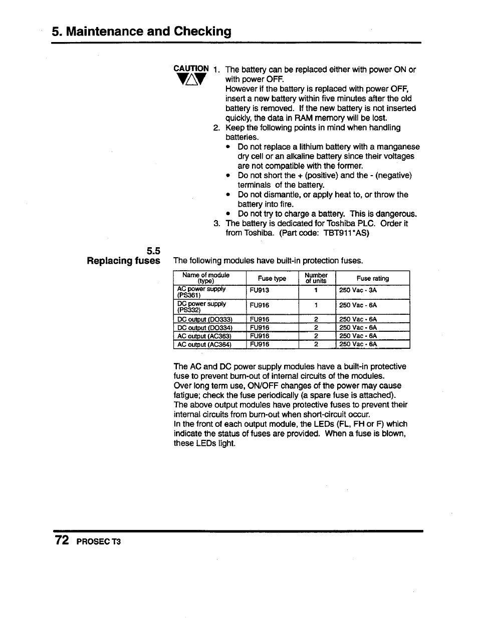 Replacing fuses, 5 replacing fuses, Maintenance and checking | Toshiba Programmable Controller PROSEC T3 User Manual | Page 80 / 100