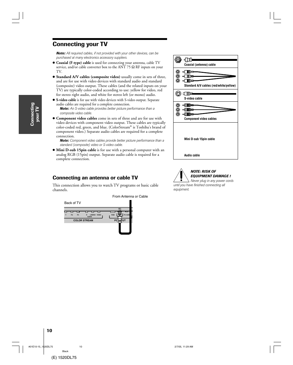 Connecting your tv, Connecting an antenna or cable tv, Connecting y our t v | Toshiba 20DL75 User Manual | Page 10 / 36