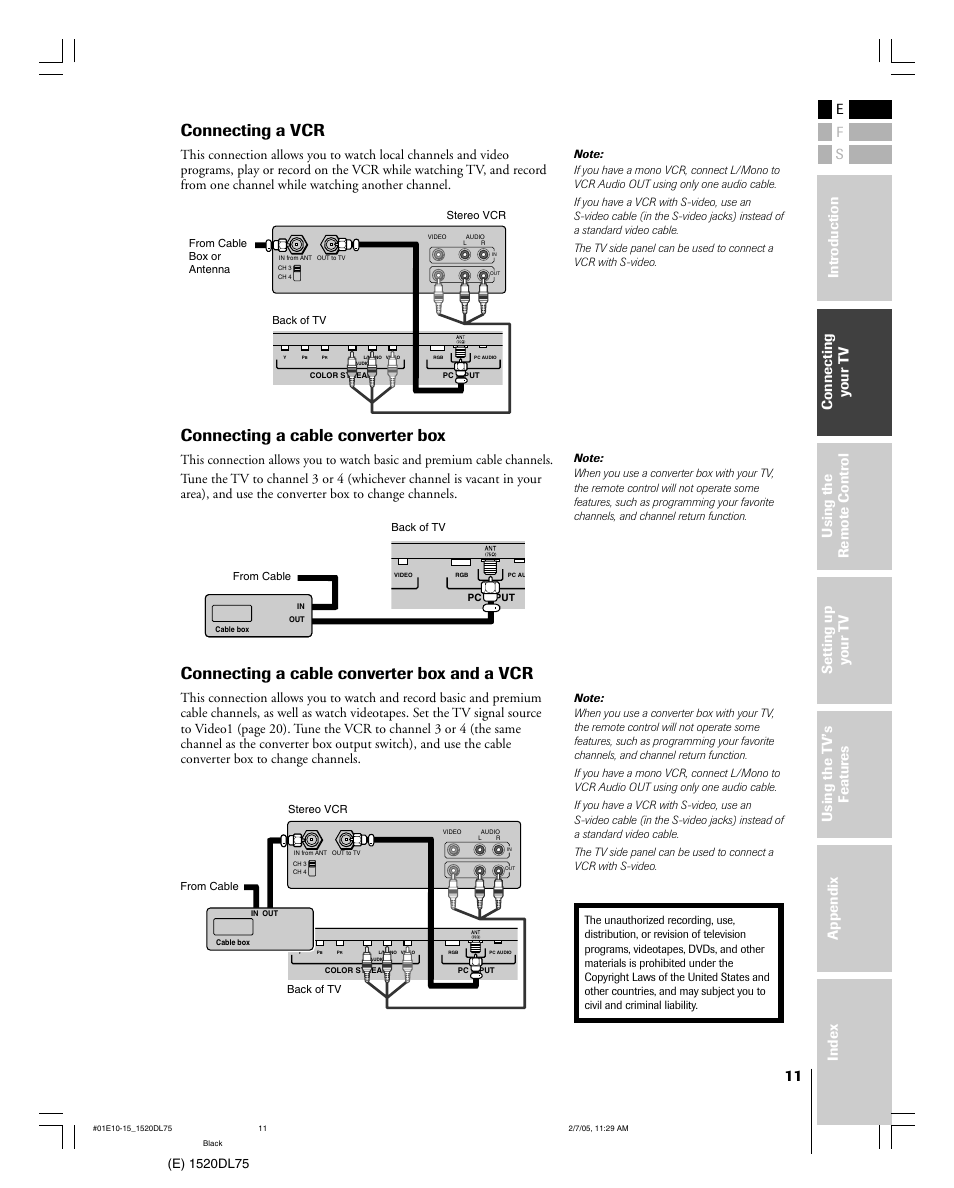 Connecting a vcr, Connecting a cable converter box, Connecting a cable converter box and a vcr | Toshiba 20DL75 User Manual | Page 11 / 36