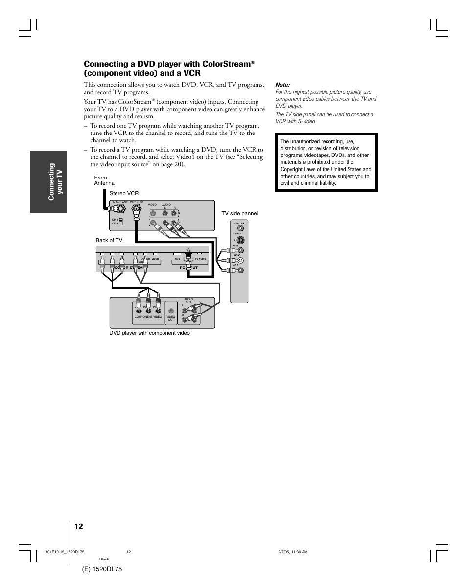 Connecting a dvd player with colorstream, Component video) and a vcr, Connecting y our t v | Toshiba 20DL75 User Manual | Page 12 / 36