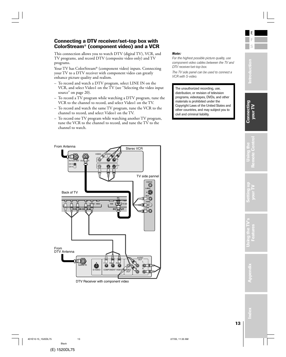 Component video) and a vcr | Toshiba 20DL75 User Manual | Page 13 / 36