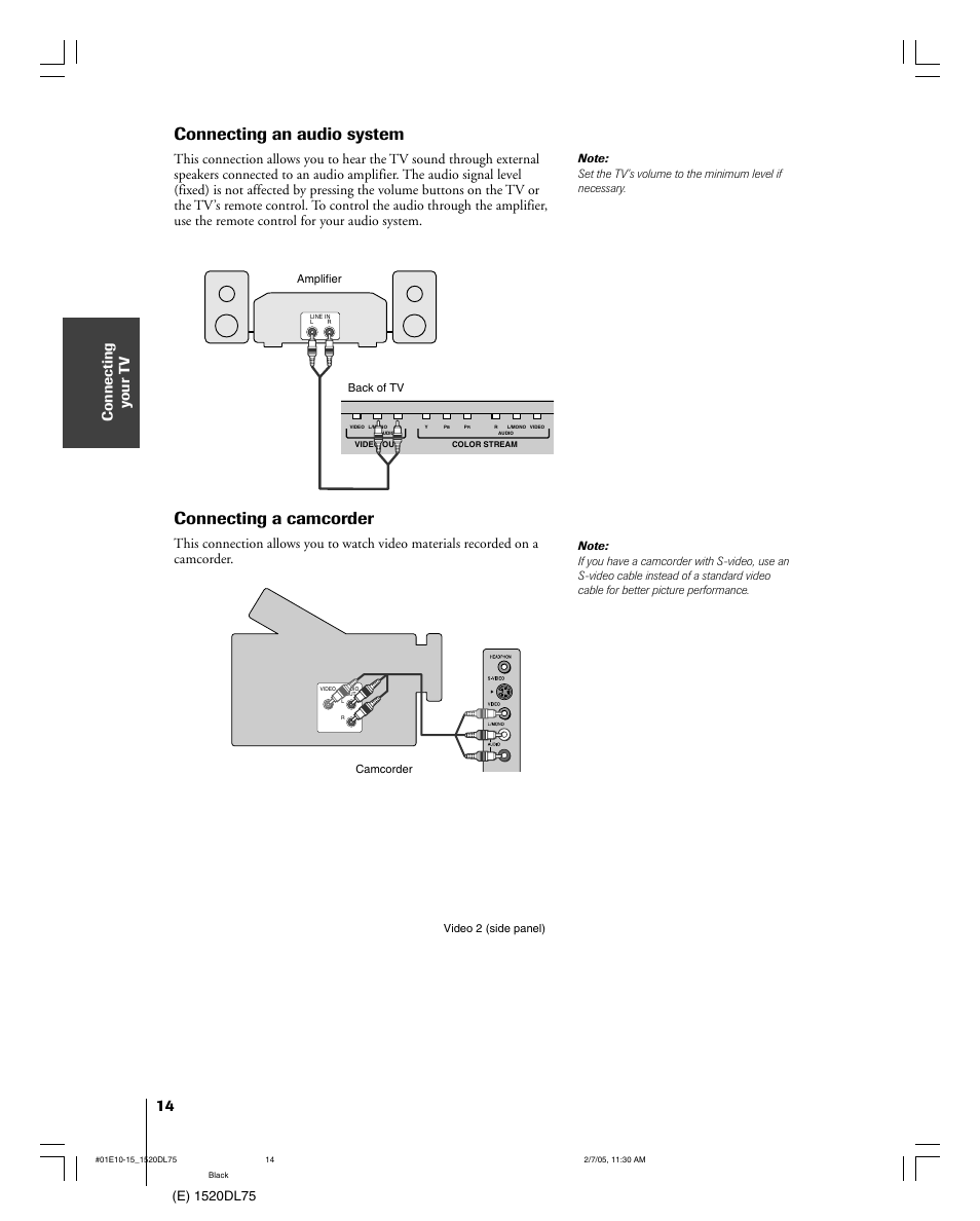 Connecting an audio system, Connecting a camcorder, Connecting y our t v | Toshiba 20DL75 User Manual | Page 14 / 36