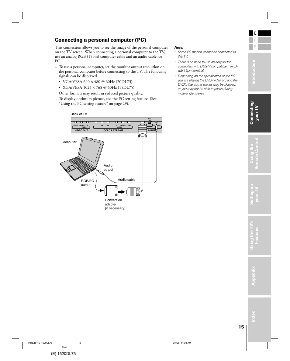 Connecting a personal computer (pc) | Toshiba 20DL75 User Manual | Page 15 / 36