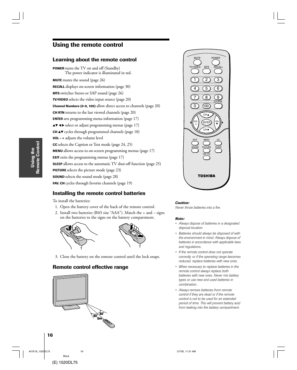 Using the remote control, Learning about the remote control, Installing the remote control batteries | Remote control effective range | Toshiba 20DL75 User Manual | Page 16 / 36