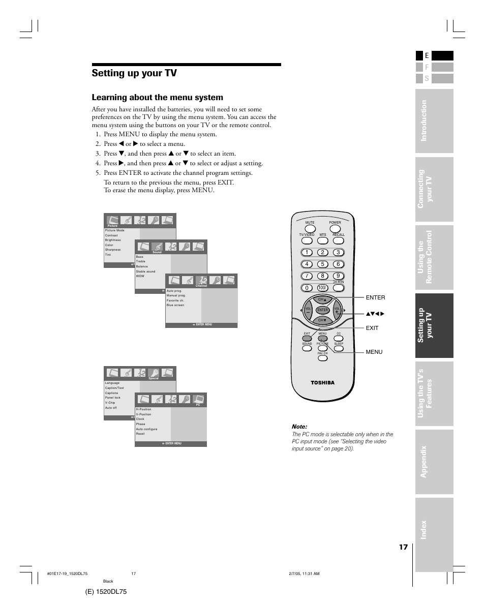 Setting up your tv, Learning about the menu system | Toshiba 20DL75 User Manual | Page 17 / 36