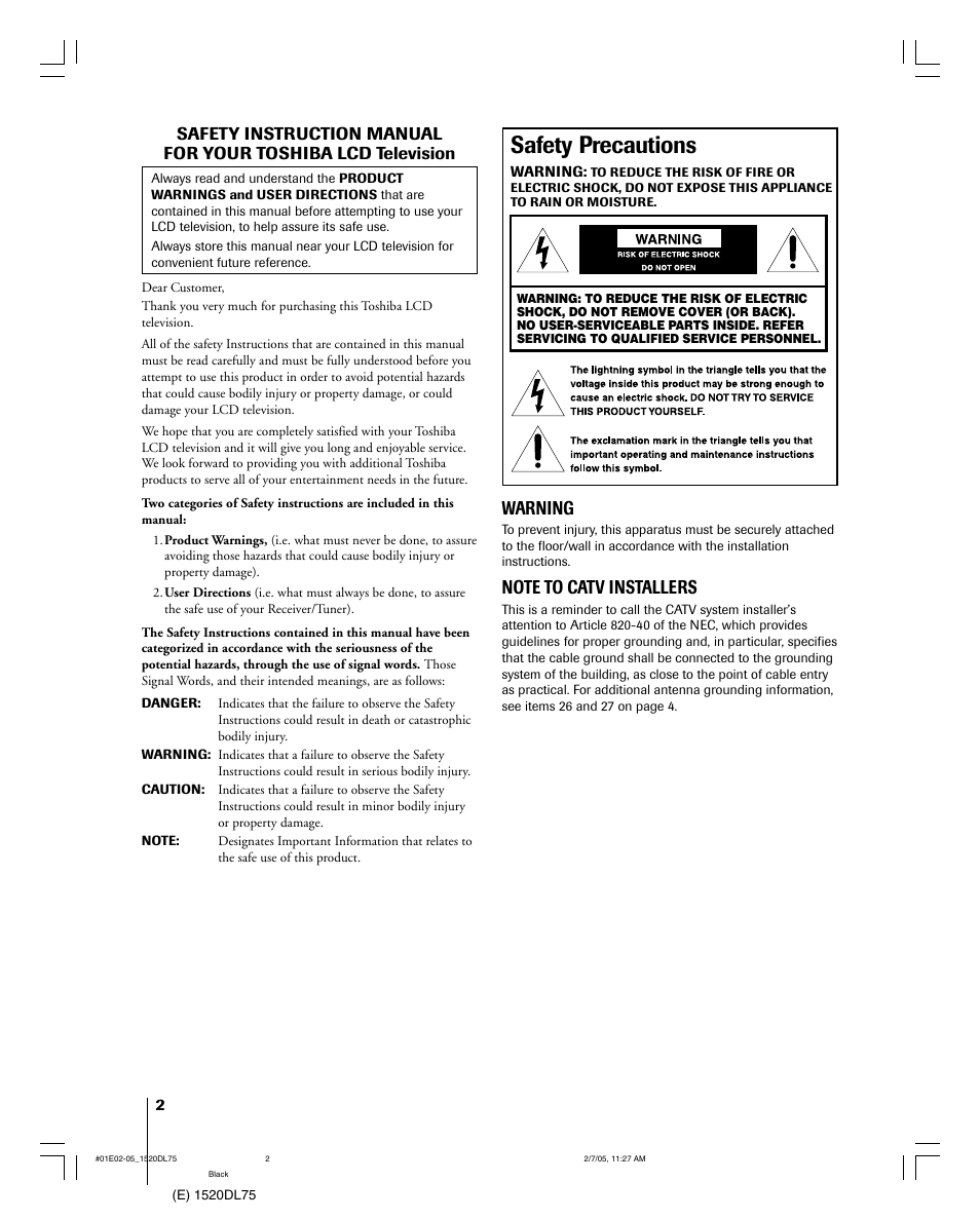 Safety precautions, Warning | Toshiba 20DL75 User Manual | Page 2 / 36