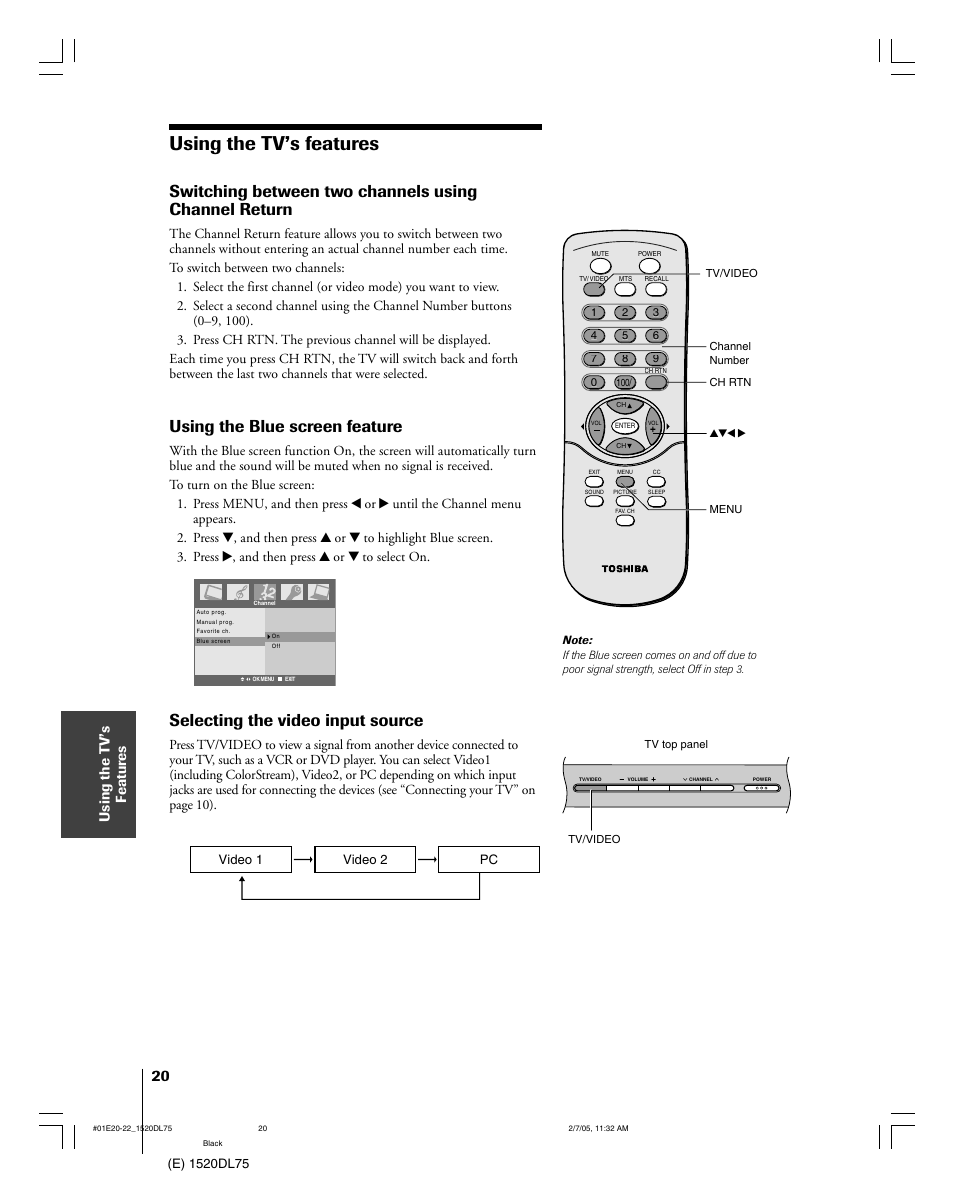 Using the tv’s features, Using the blue screen feature, Selecting the video input source | Using the t v’s f eatur es | Toshiba 20DL75 User Manual | Page 20 / 36