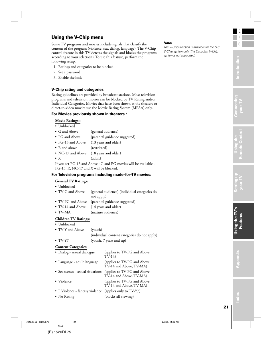 Using the v-chip menu | Toshiba 20DL75 User Manual | Page 21 / 36
