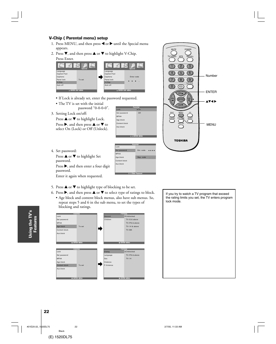 Using the t v’s f eatur es, V-chip ( parental menu) setup, Press enter | Toshiba 20DL75 User Manual | Page 22 / 36