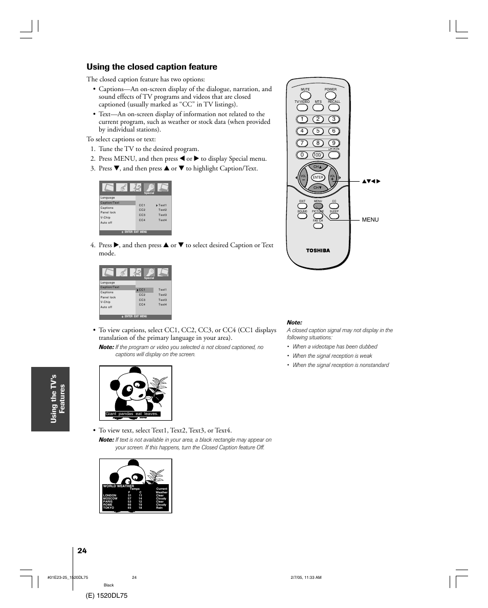 Using the closed caption feature, Using the t v’s f eatur es | Toshiba 20DL75 User Manual | Page 24 / 36