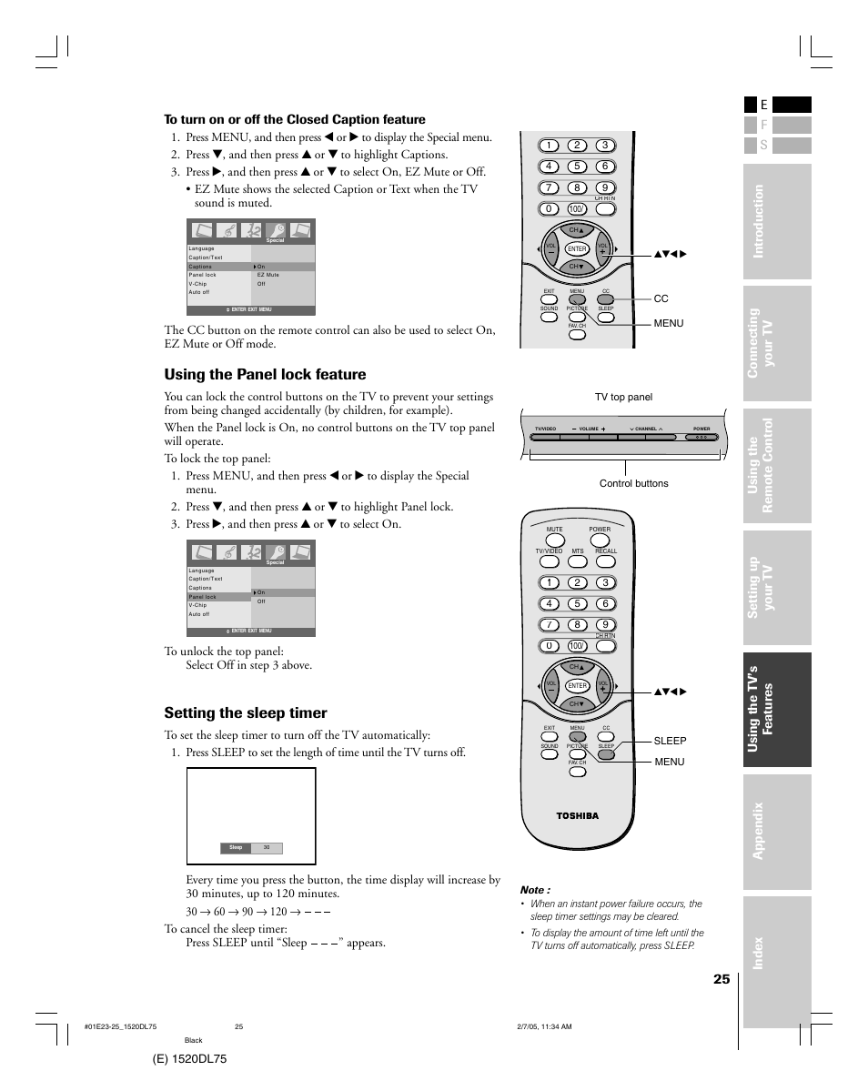 Using the panel lock feature, Setting the sleep timer | Toshiba 20DL75 User Manual | Page 25 / 36