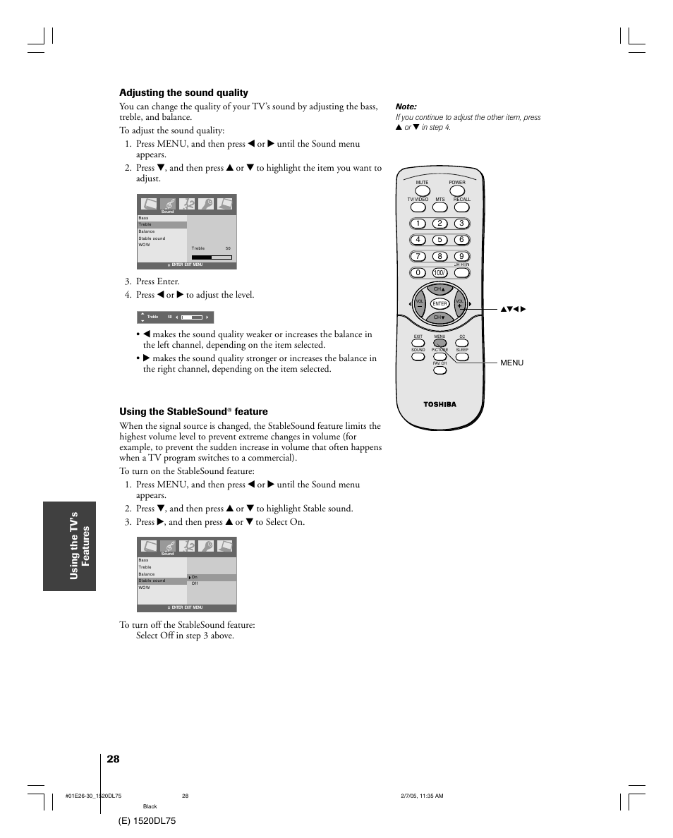 Using the t v’s f eatur es, Adjusting the sound quality, Using the stablesound | Feature, Press enter. 4. press x or • to adjust the level | Toshiba 20DL75 User Manual | Page 28 / 36