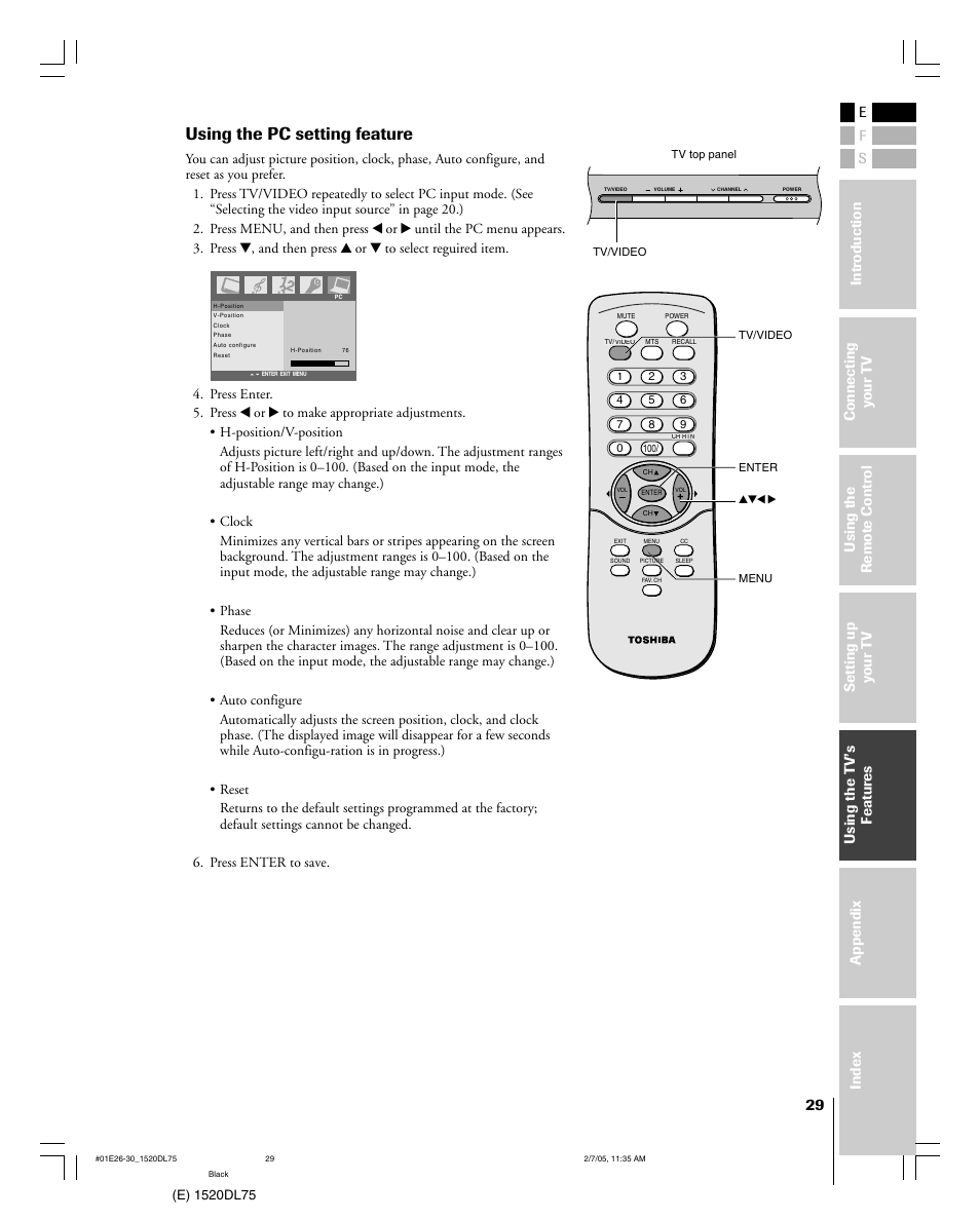 Using the pc setting feature | Toshiba 20DL75 User Manual | Page 29 / 36