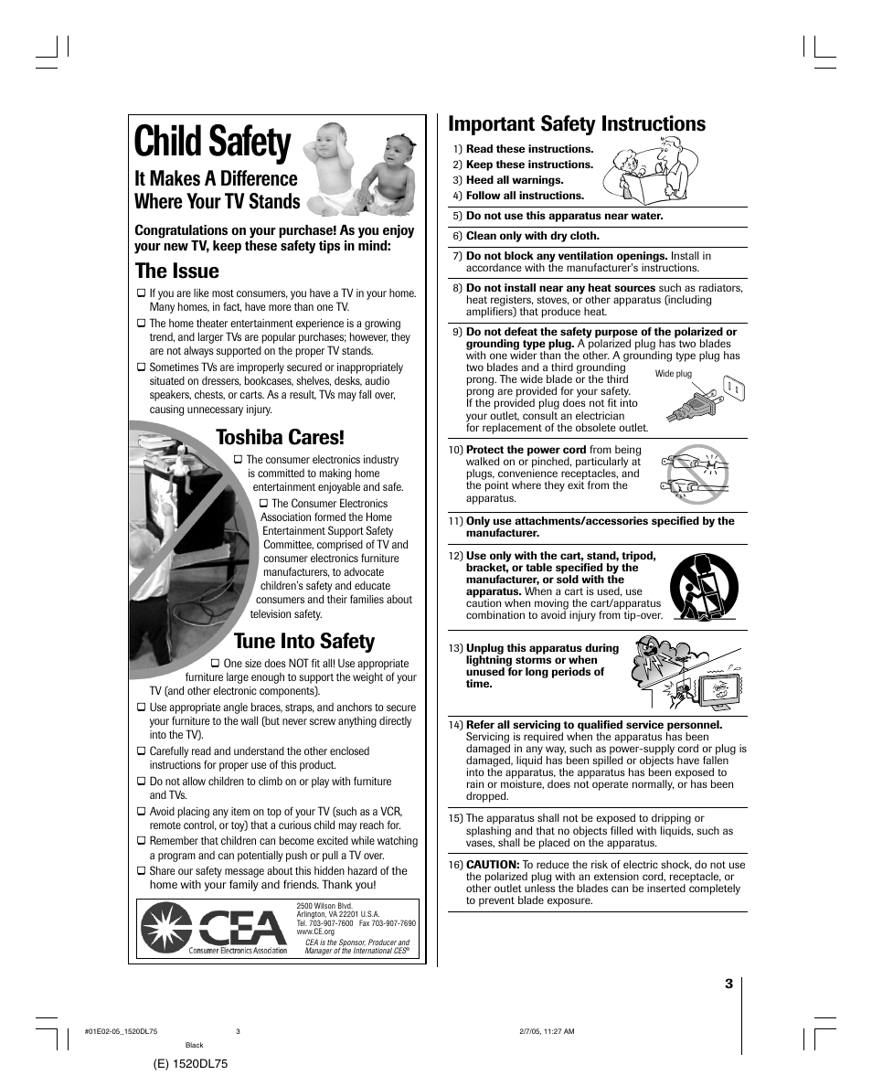 Child safety, Important safety instructions, It makes a difference where your tv stands | The issue, Toshiba cares, Tune into safety | Toshiba 20DL75 User Manual | Page 3 / 36