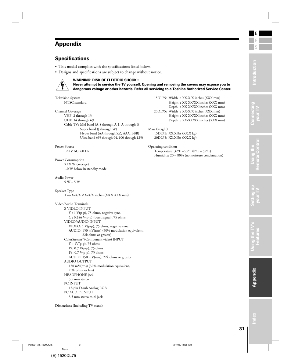 Appendix, Specifications | Toshiba 20DL75 User Manual | Page 31 / 36