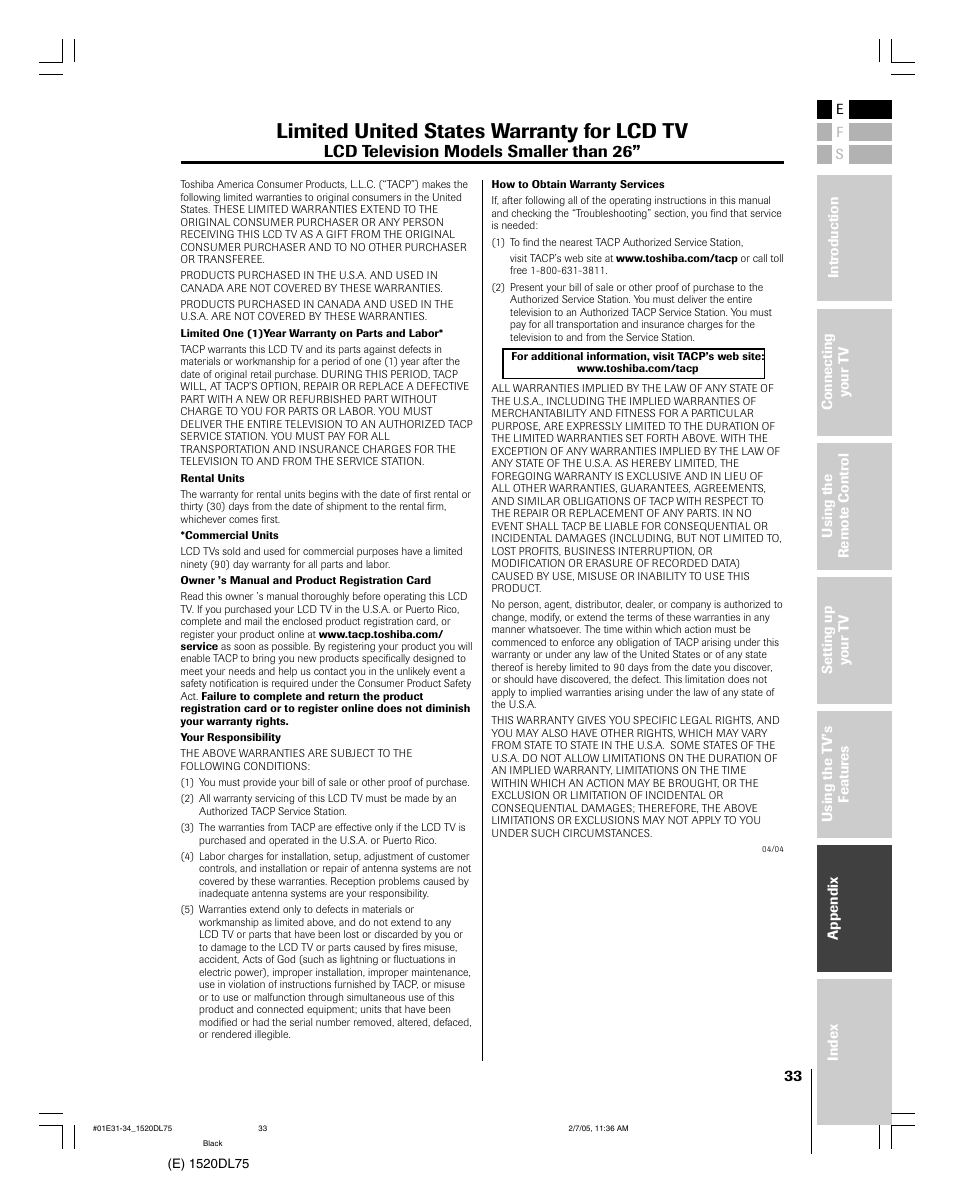 Limited united states warranty for lcd tv, Lcd television models smaller than 26 | Toshiba 20DL75 User Manual | Page 33 / 36