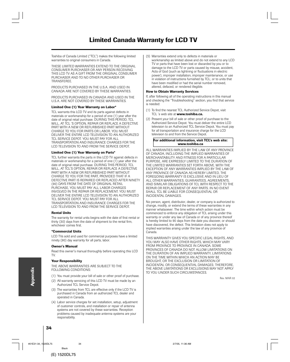 Limited canada warranty for lcd tv | Toshiba 20DL75 User Manual | Page 34 / 36