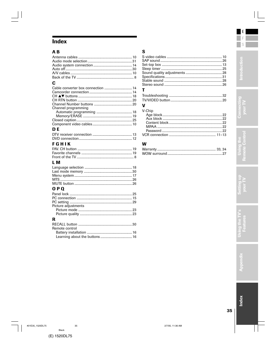 Index | Toshiba 20DL75 User Manual | Page 35 / 36