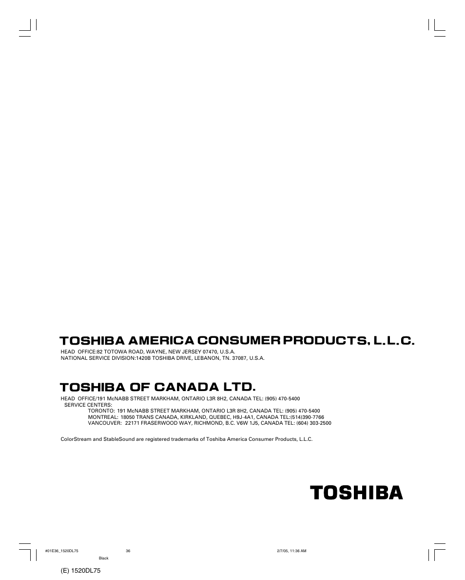 Toshiba 20DL75 User Manual | Page 36 / 36