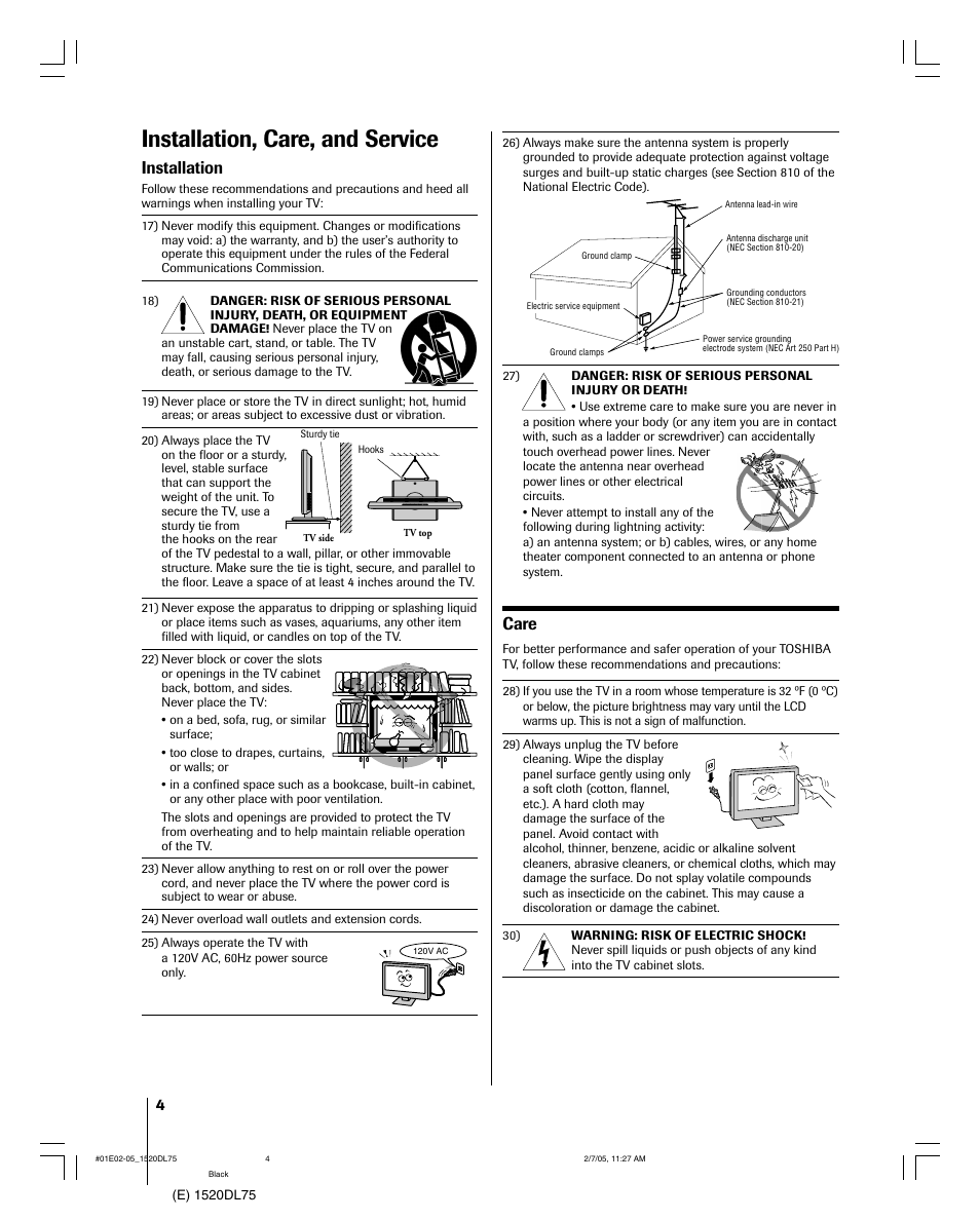 Installation, care, and service, Installation, Care | Toshiba 20DL75 User Manual | Page 4 / 36