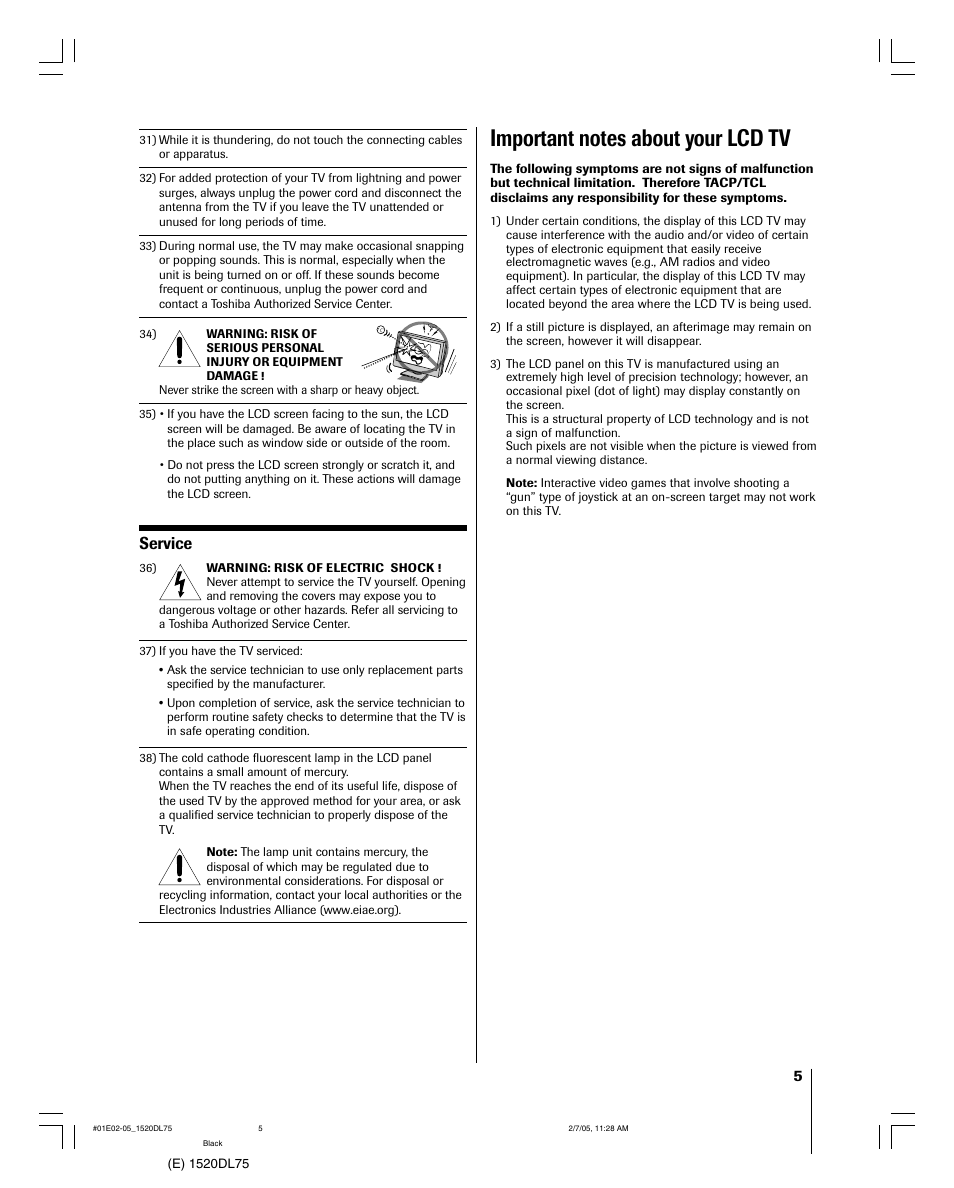 Service | Toshiba 20DL75 User Manual | Page 5 / 36
