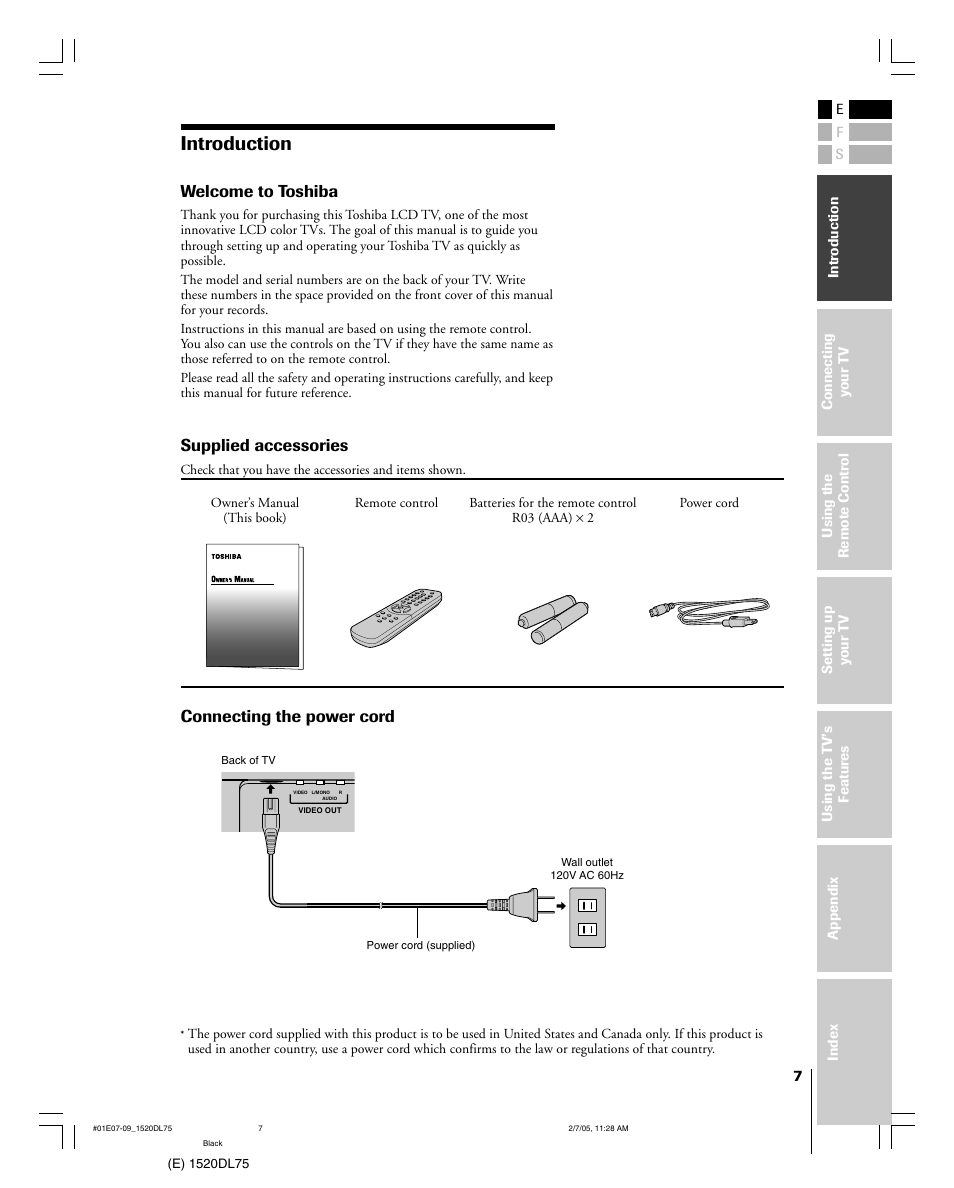 Introduction, Welcome to toshiba, Supplied accessories | Connecting the power cord | Toshiba 20DL75 User Manual | Page 7 / 36