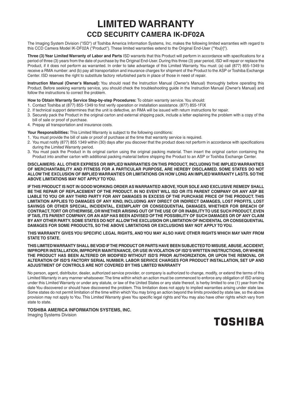 Limited warranty, Ccd security camera ik-df02a | Toshiba IK-DF02A User Manual | Page 24 / 24