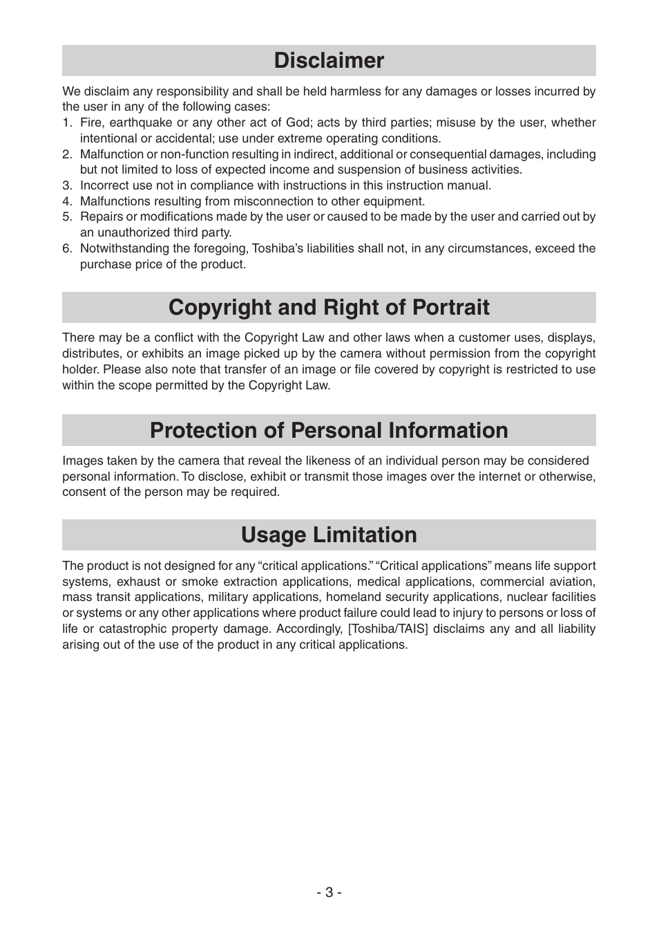 Disclaimer, Usage limitation, Protection of personal information | Copyright and right of portrait | Toshiba IK-DF02A User Manual | Page 4 / 24