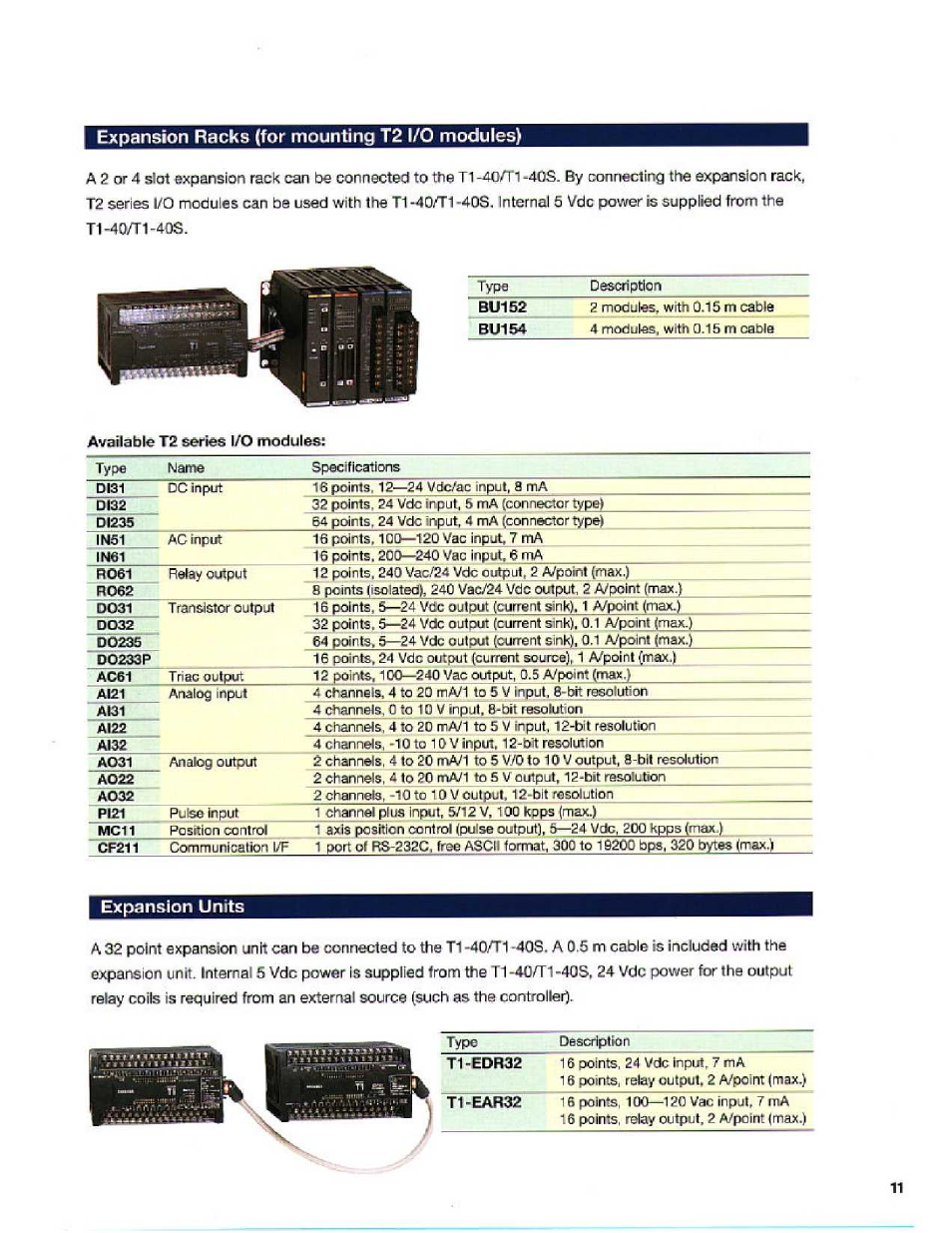 Expansion racks (for mounting t2 1/0 modules), Expansion units, Bu152 | Toshiba T1S User Manual | Page 11 / 20