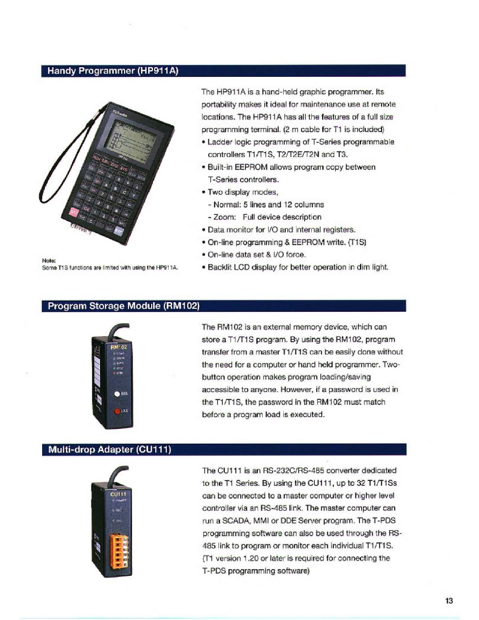 Kandy programmer (hp911a), Program storage module (rm102), Multi-drop adapter (cu111) | Toshiba T1S User Manual | Page 13 / 20
