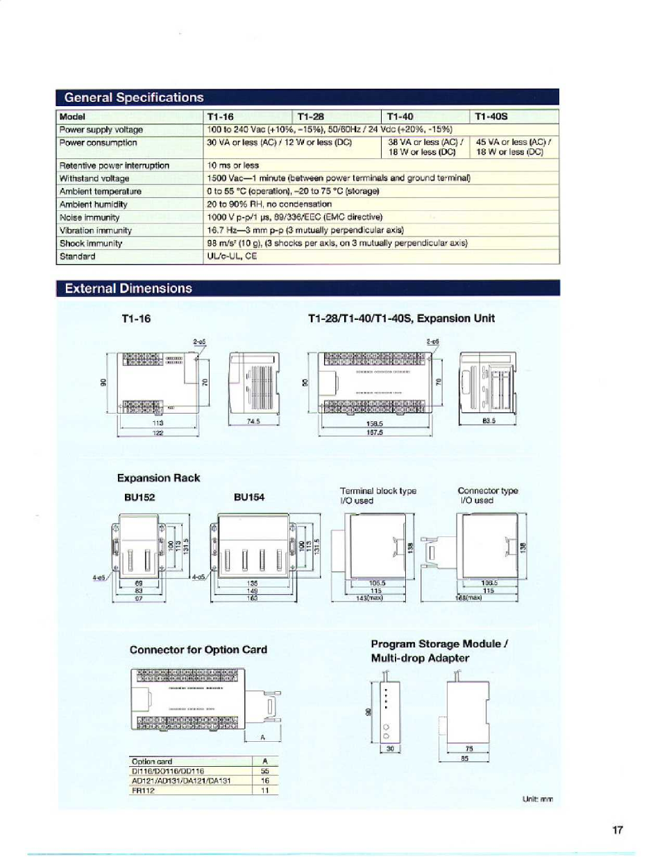 General specifications, T1-28, T1-40 | External dimensions, T1-2s/t1-40/t1-40s, expansion unit, Expansion rack, Connector for option card, Program storage module / multidrop adapter, Jn !lil: .ü ' li '’ll! 1 l¡ir' j | Toshiba T1S User Manual | Page 17 / 20