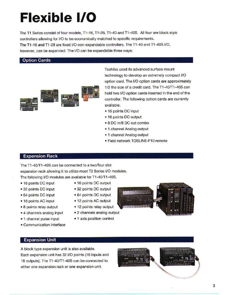 Flexible i/o, Option cards, Expansion rack | Expansion unit | Toshiba T1S User Manual | Page 3 / 20