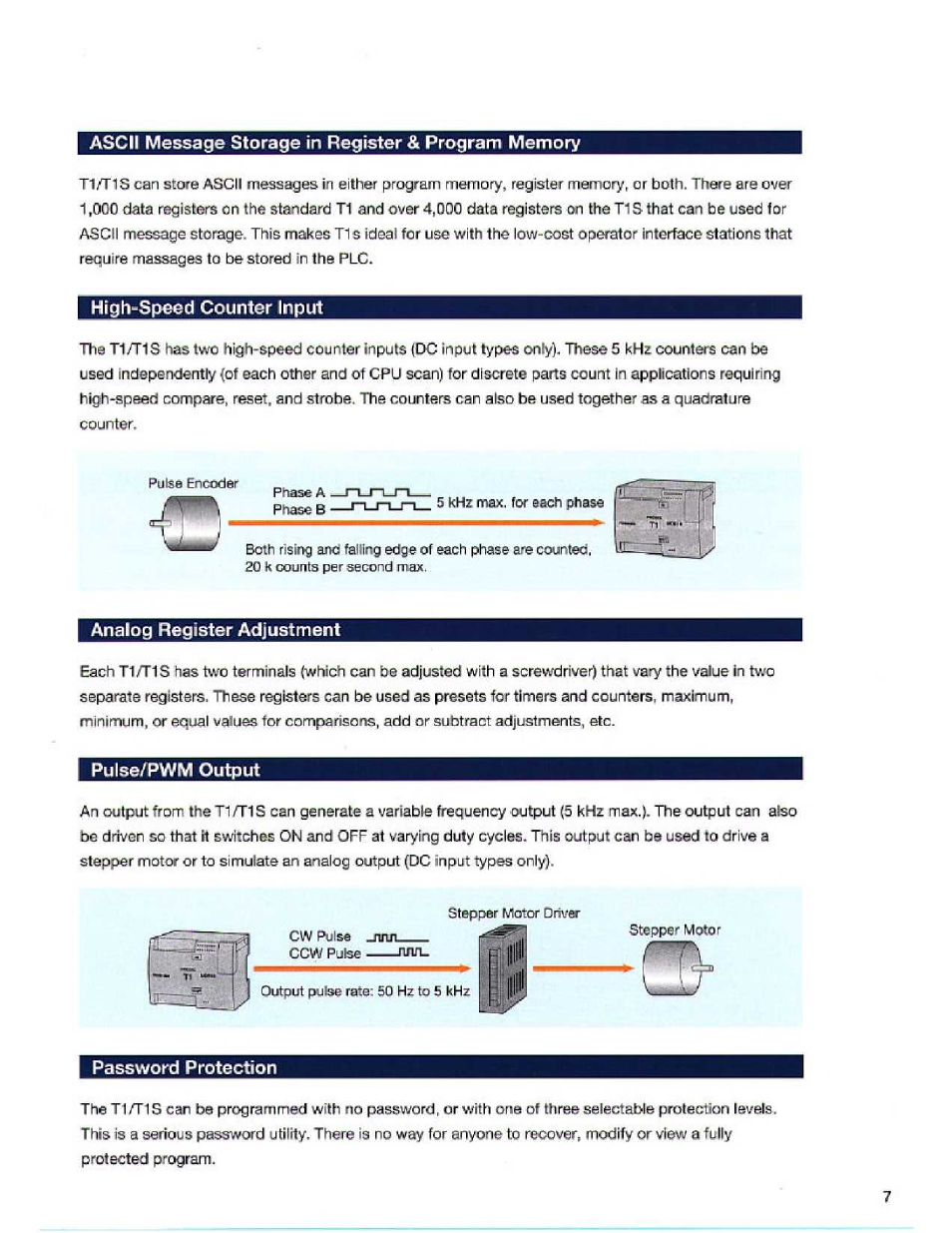 Ascii message storage in register & program memory, High-speed counter input, Analog register adjustment | Pulse^pwm output, Password protection | Toshiba T1S User Manual | Page 7 / 20
