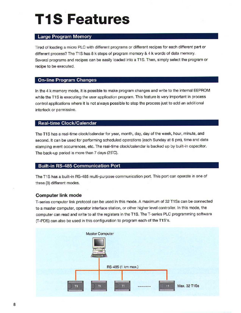 T1s features, Large program memory, On-line program changes | Real-time clock/calendar, Built-in rs-485 communication port, Computer link mode | Toshiba T1S User Manual | Page 8 / 20