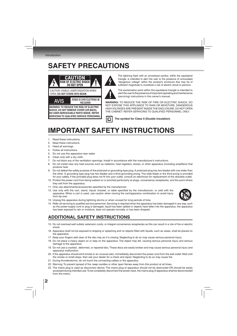 Safety precautions, Important safety instructions, Avis | Additional safety instructions | Toshiba BDX2700KU User Manual | Page 2 / 62