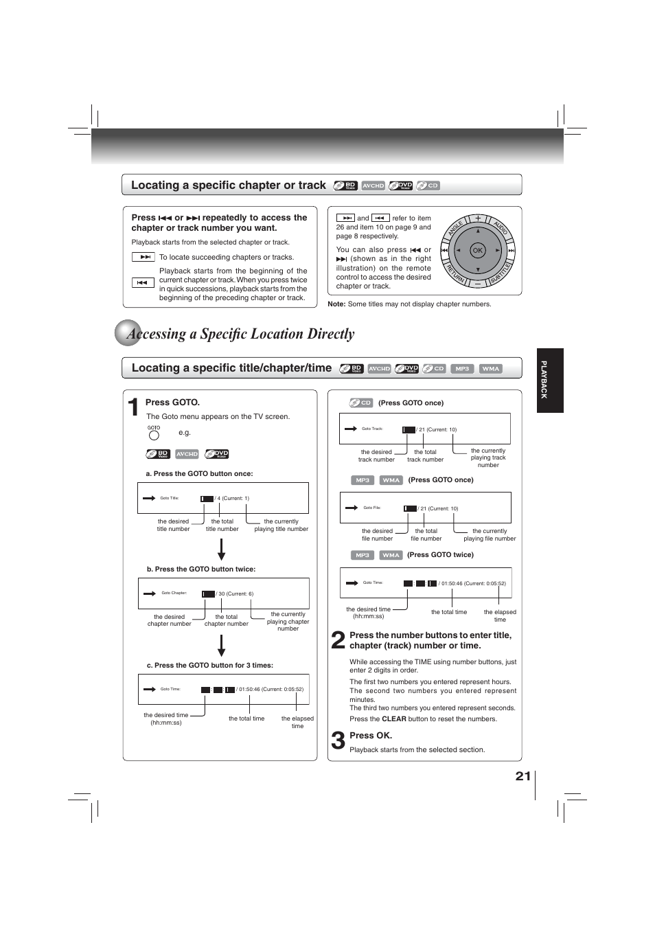 Accessing a specifi c location directly, Locating a specifi c chapter or track, Locating a specifi c title/chapter/time | Toshiba BDX2700KU User Manual | Page 21 / 62