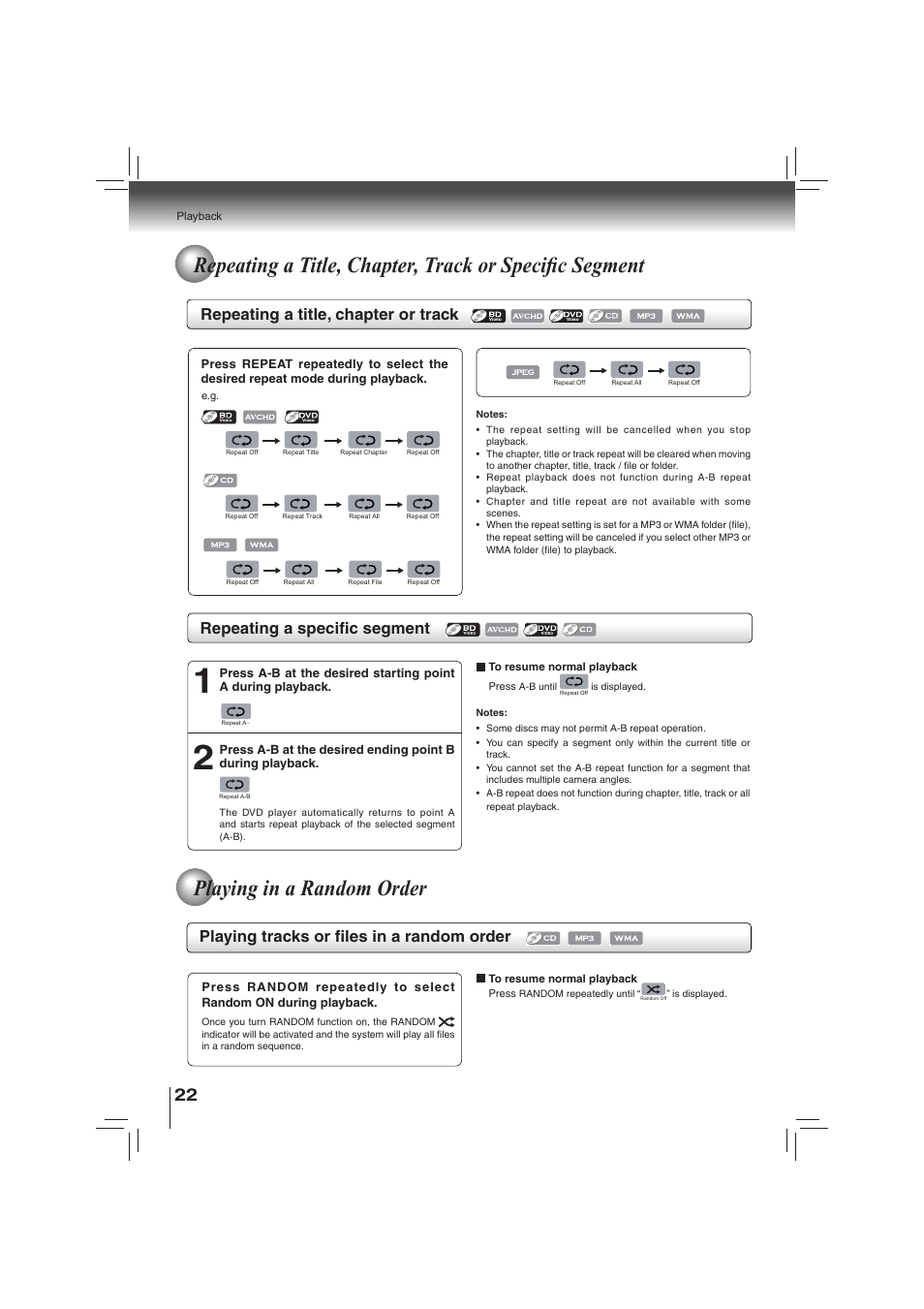 Playing in a random order, Repeating a title, chapter or track, Repeating a specifi c segment | Playing tracks or fi les in a random order | Toshiba BDX2700KU User Manual | Page 22 / 62