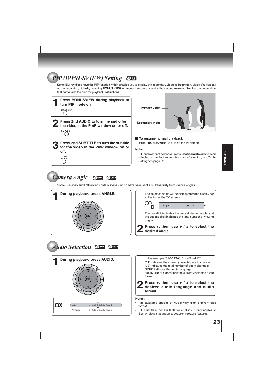 Pip (bonusview) setting, Camera angle audio selection | Toshiba BDX2700KU User Manual | Page 23 / 62