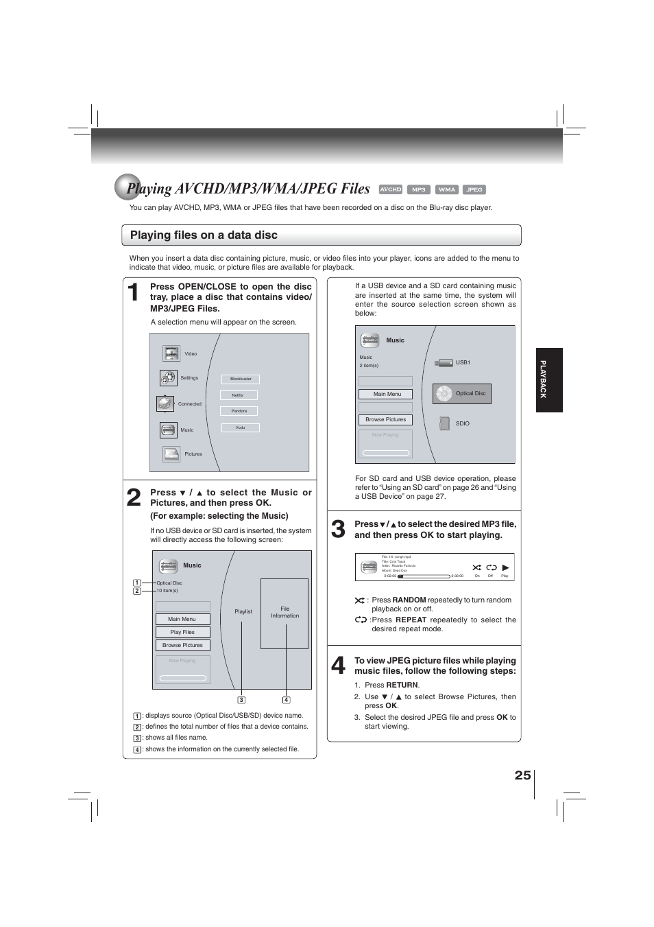 Playing avchd/mp3/wma/jpeg files, Playing fi les on a data disc | Toshiba BDX2700KU User Manual | Page 25 / 62