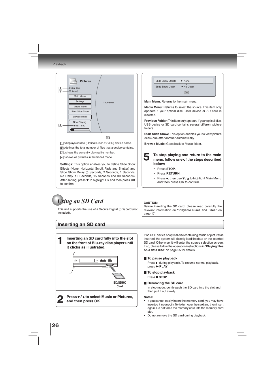 Using an sd card, Inserting an sd card | Toshiba BDX2700KU User Manual | Page 26 / 62