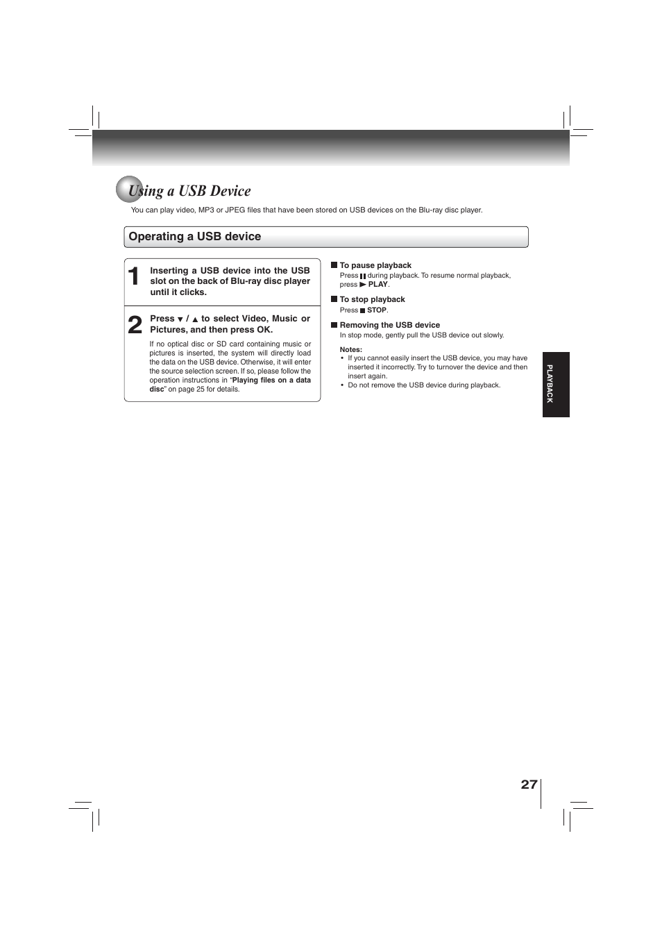 Using a usb device | Toshiba BDX2700KU User Manual | Page 27 / 62