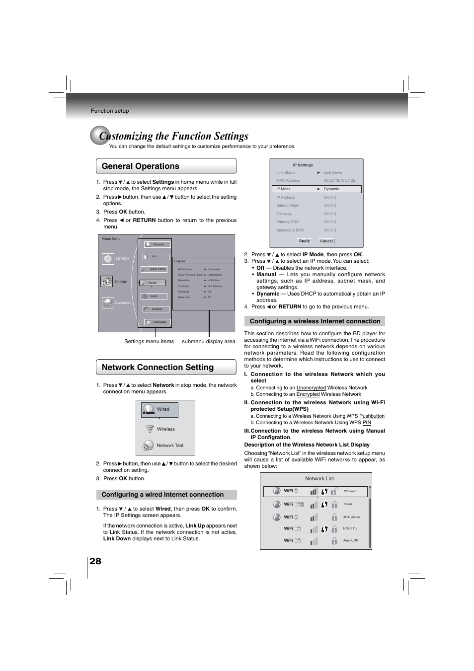 Customizing the function settings, General operations, Network connection setting | Confi guring a wired internet connection, Confi guring a wireless internet connection | Toshiba BDX2700KU User Manual | Page 28 / 62