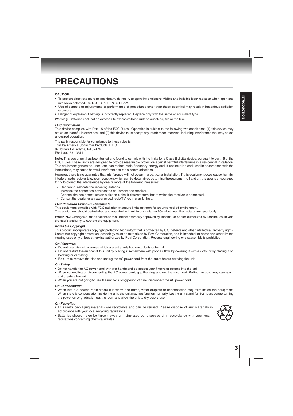 Precautions | Toshiba BDX2700KU User Manual | Page 3 / 62