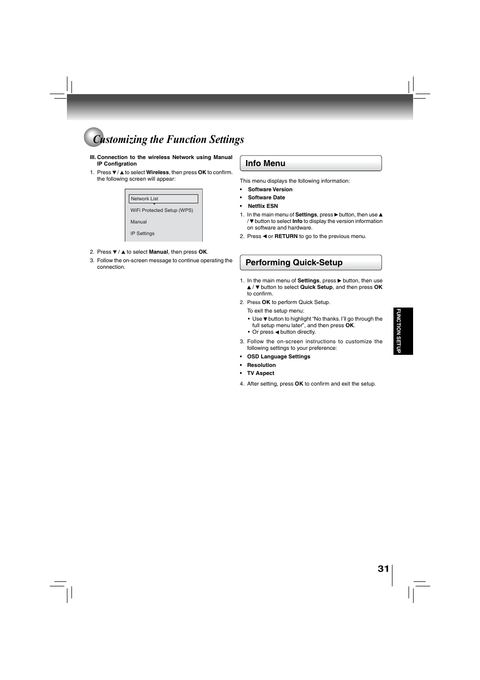 Customizing the function settings, Info menu performing quick-setup | Toshiba BDX2700KU User Manual | Page 31 / 62