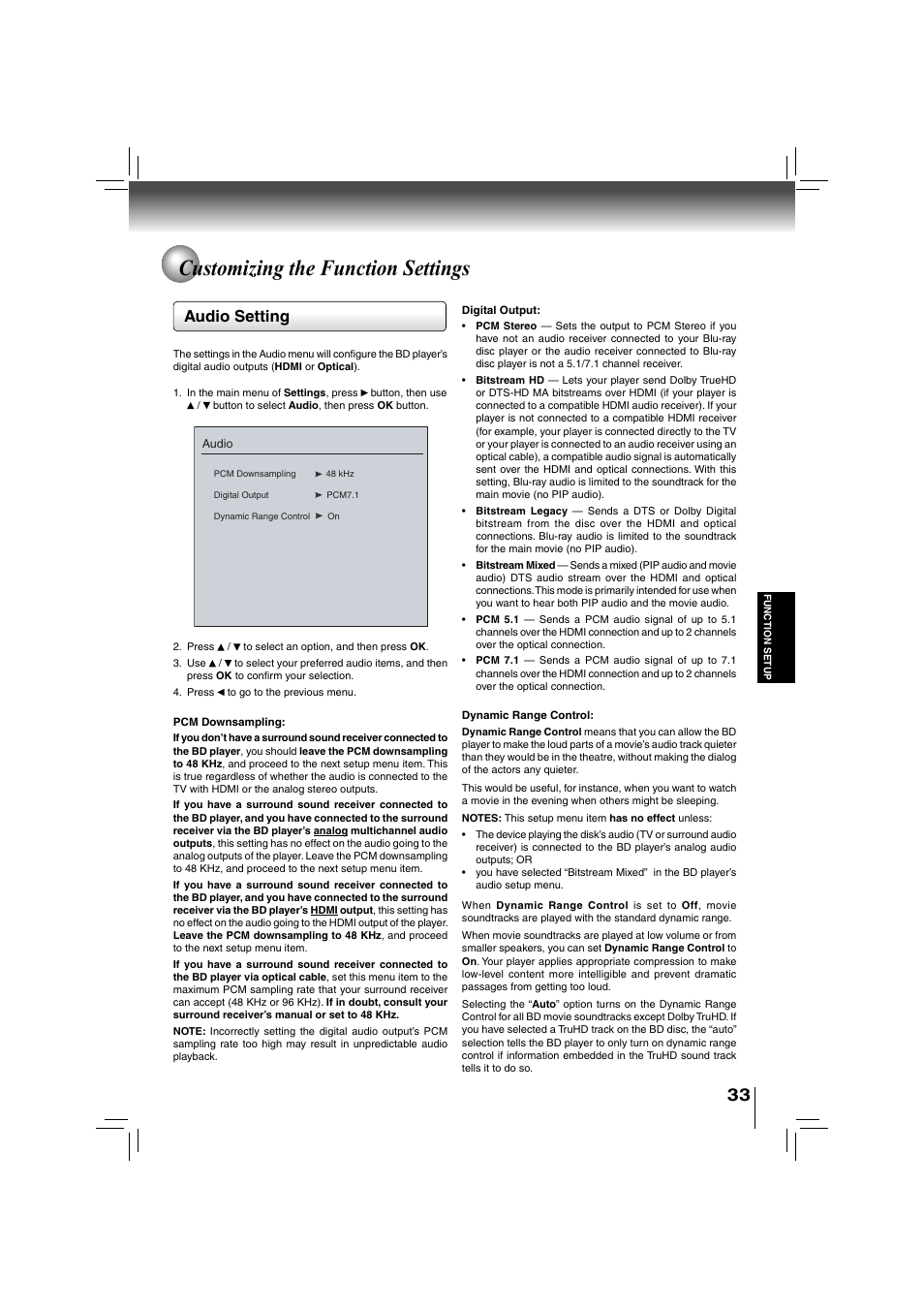 Customizing the function settings, Audio setting | Toshiba BDX2700KU User Manual | Page 33 / 62