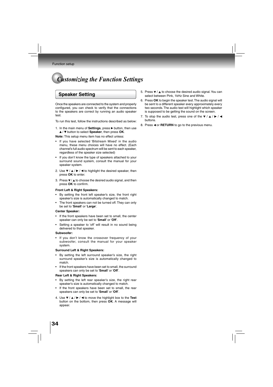 Customizing the function settings, Speaker setting | Toshiba BDX2700KU User Manual | Page 34 / 62
