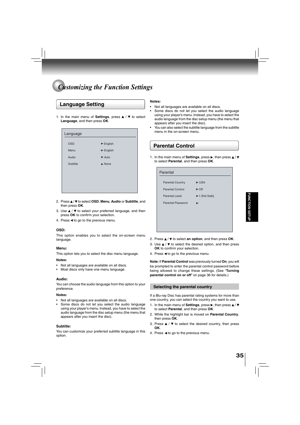 Customizing the function settings, Language setting parental control | Toshiba BDX2700KU User Manual | Page 35 / 62