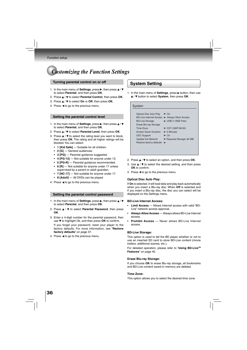 Customizing the function settings, System setting | Toshiba BDX2700KU User Manual | Page 36 / 62